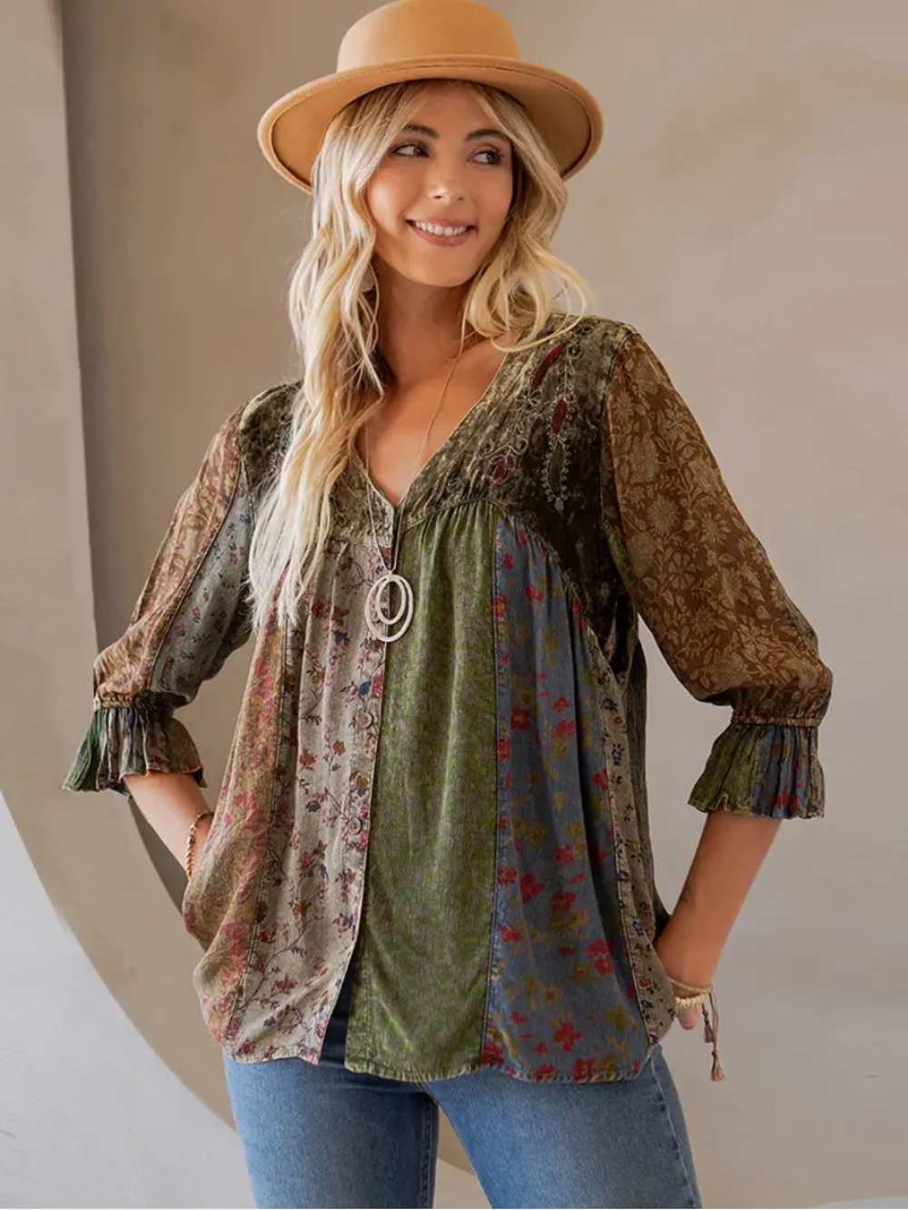 YOUNG THREADS Boho Patchwork Velvet V-Neck Peasant Top